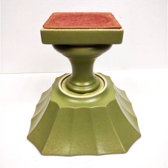 Vintage Hyalyn Pottery Square Pedestal Bowl Planter Green MCM Decor Scalloped - Picture 6 of 7